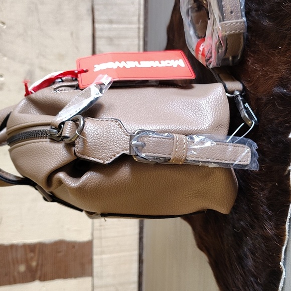 Montana West satchel crossbody bag beige zip lop double handle PU leather pocket - Picture 6 of 8